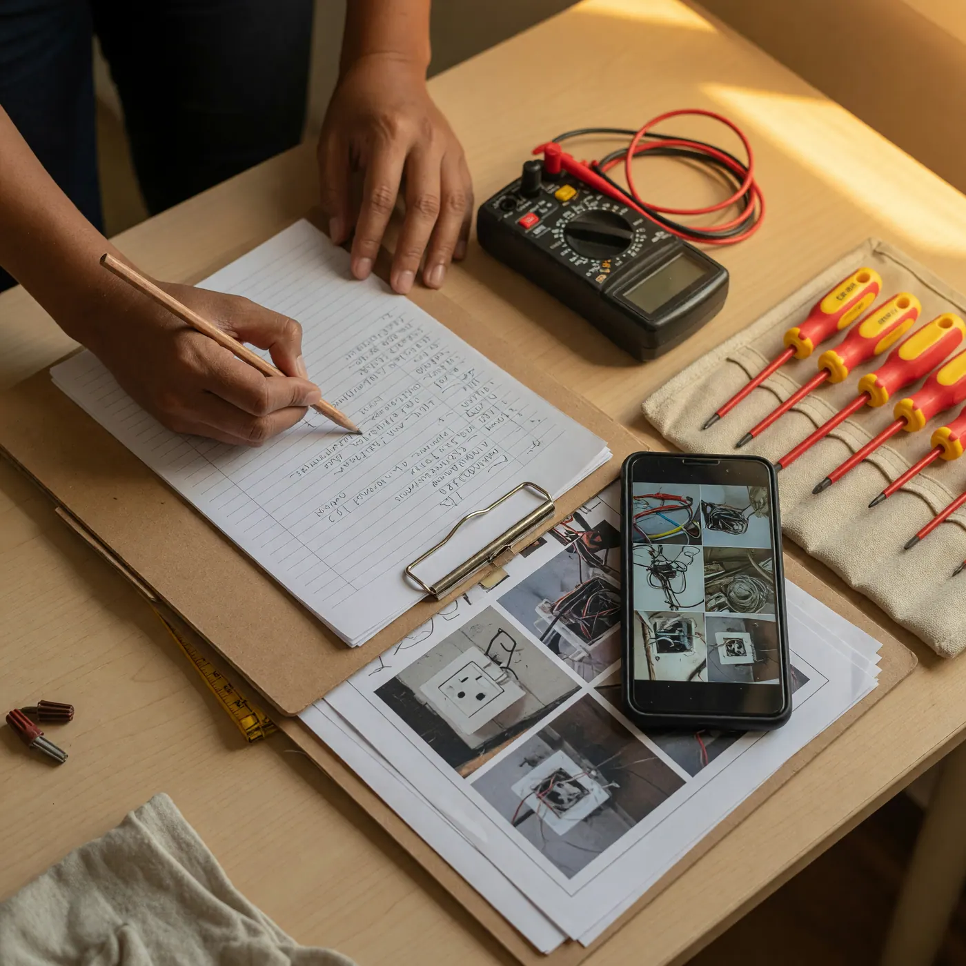 Manos preparando una cotización junto a un multímetro y herramientas de reparación eléctrica