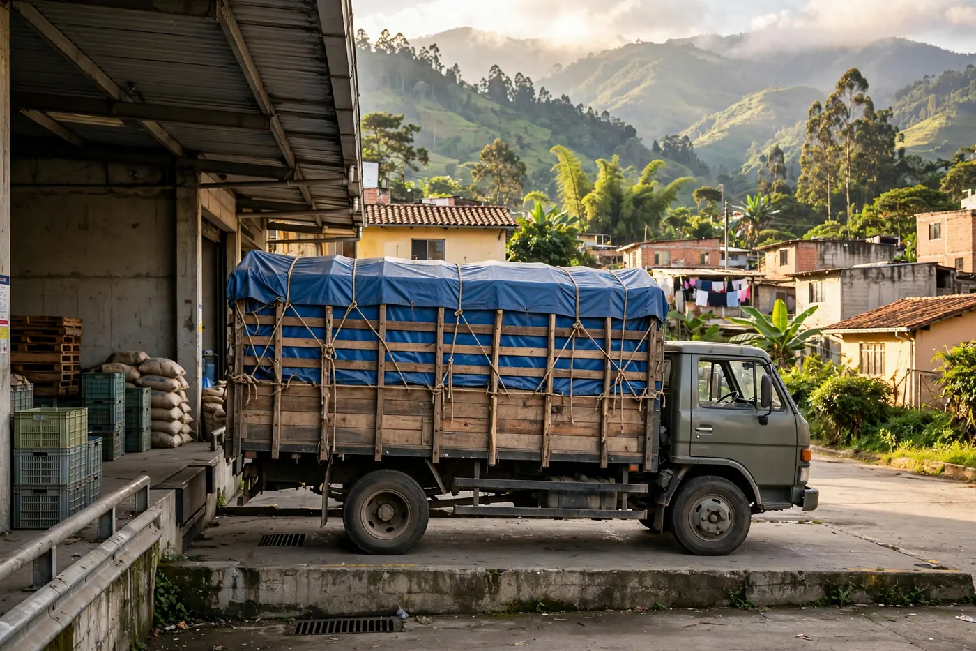 Camión de carga tipo turbo con carrocería de estacas estacionado en zona logística de carretera en Colombia
