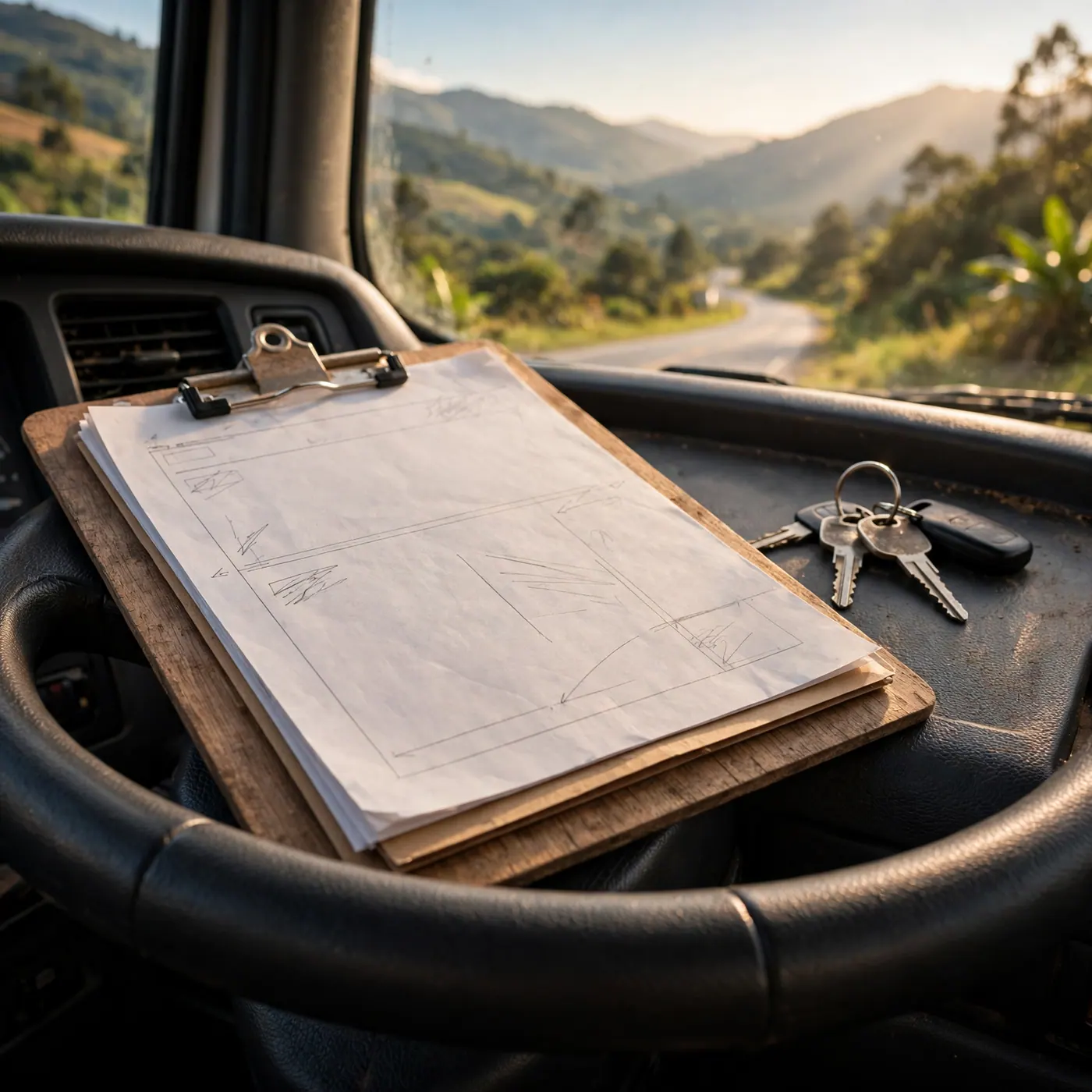 Documentos de ruta y remesa de transporte en la cabina de un camión de carga en Colombia