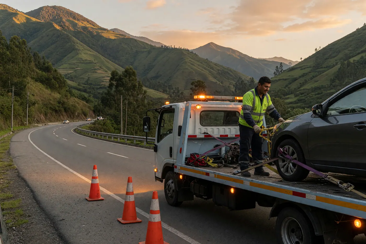 Grúa de planchón blanca en berma de carretera andina, operario con chaleco reflectivo asegurando un sedán y tres conos naranjas