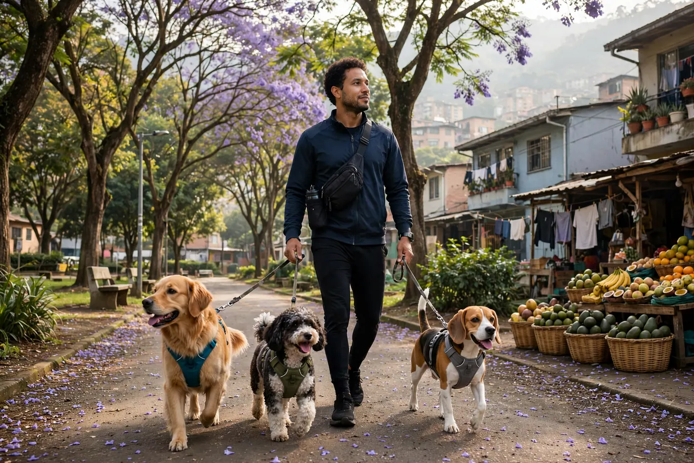 Paseador de perros guiando tres caninos con arnés y correas separadas en un sendero arborizado de parque urbano colombiano