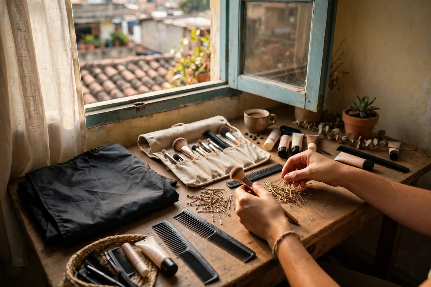 Mesa junto a una ventana con capa de peluquería, peines, horquillas y brochas en un estuche abierto, con manos trabajando