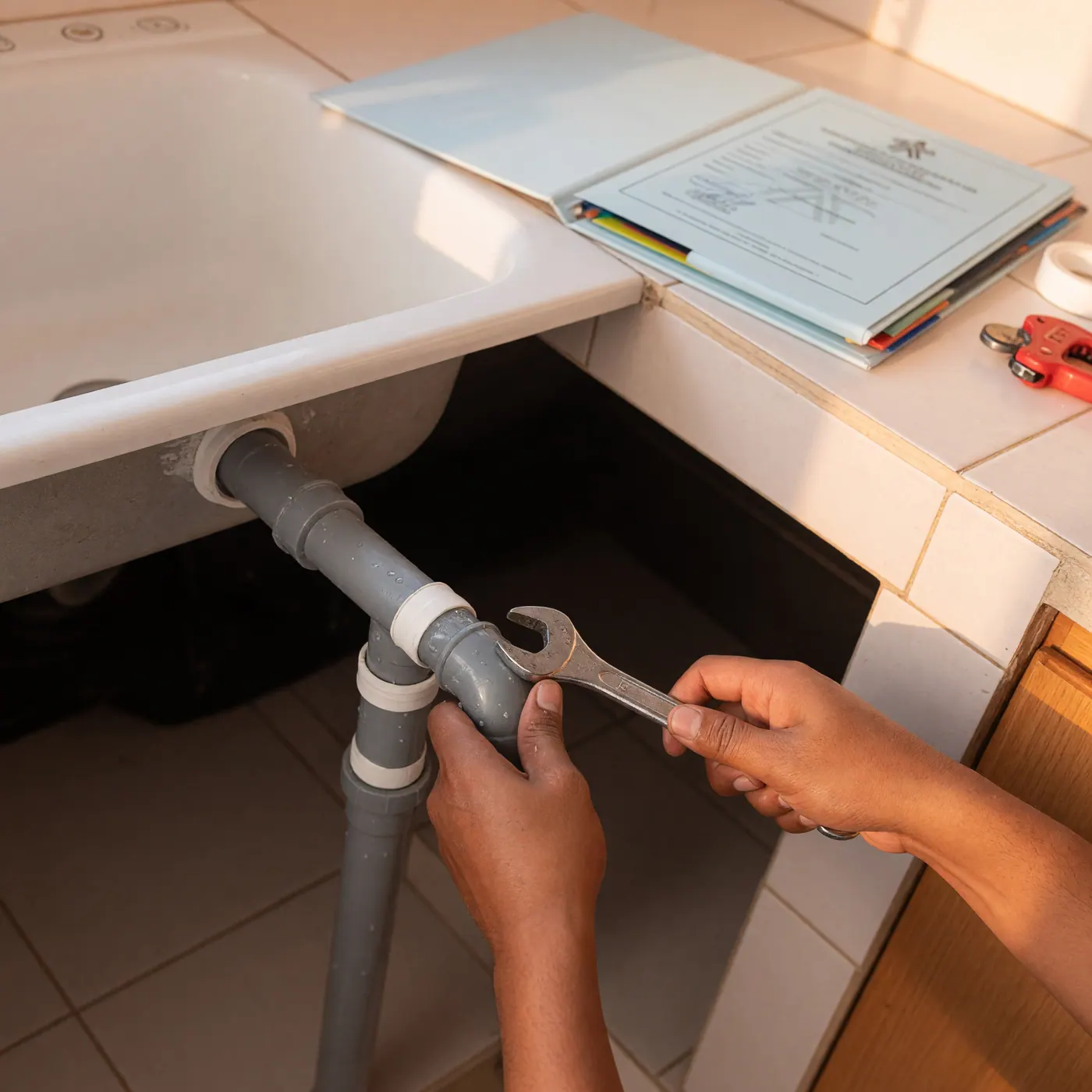 Técnico plomero ajustando una unión de tubería bajo el lavaplatos con llave de tubo, certificado SENA visible sobre el mesón
