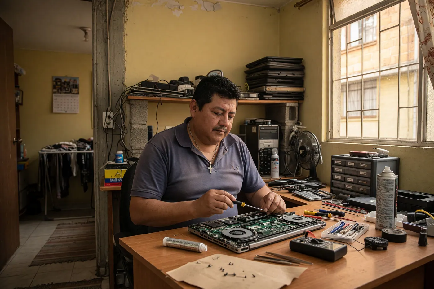 Técnico de sistemas diagnosticando un portátil abierto en un taller hogareño colombiano, con destornilladores y multímetro sobre el escritorio