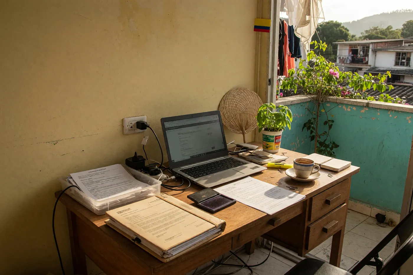 Escritorio de traductor con portátil, documentos impresos, carpeta y taza de café