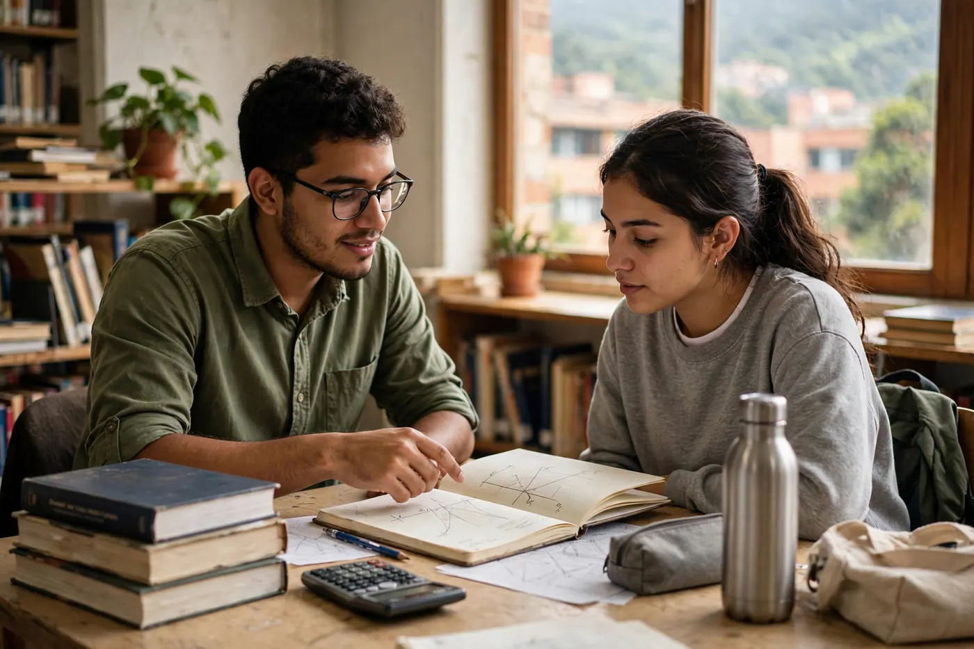 Tutor y estudiante universitarios en una mesa de biblioteca con cuadernos, calculadora y luz de ventana