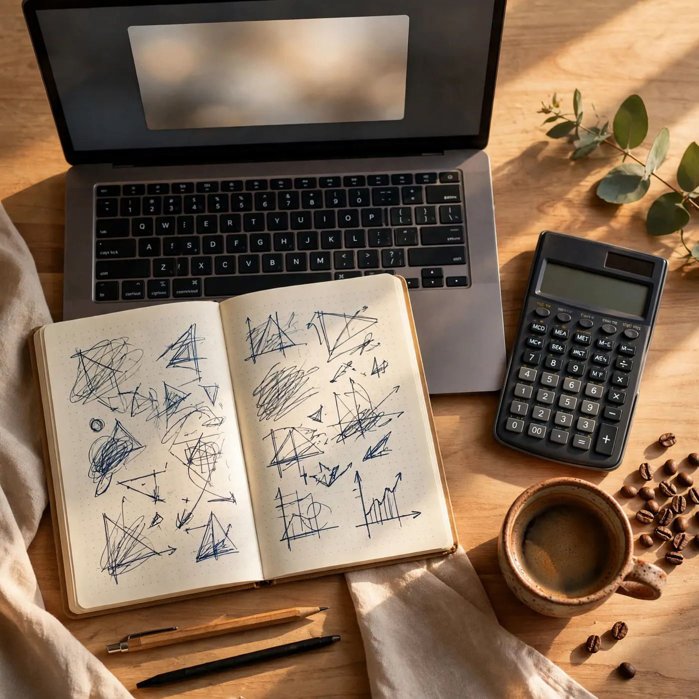 Mesa de estudio con portátil, cuaderno de apuntes matemáticos, calculadora científica y taza de café