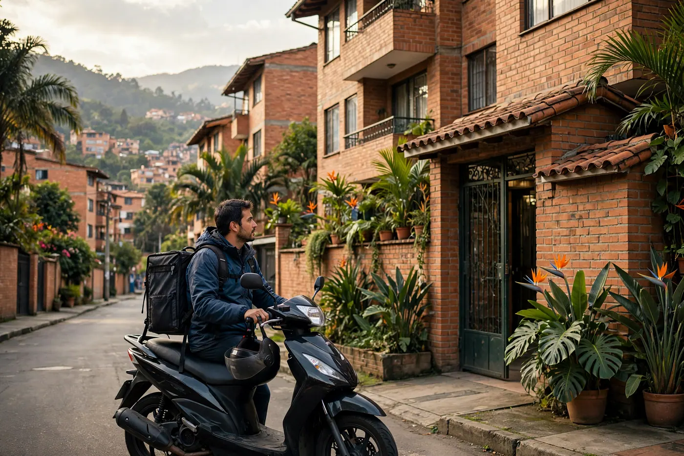 Delivery courier on a scooter arriving at a brick apartment building entrance with tropical plants in Colombia