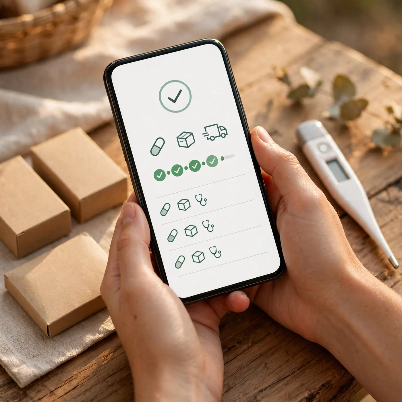 Hands holding a smartphone showing a medication order confirmation next to boxed packets and a digital thermometer