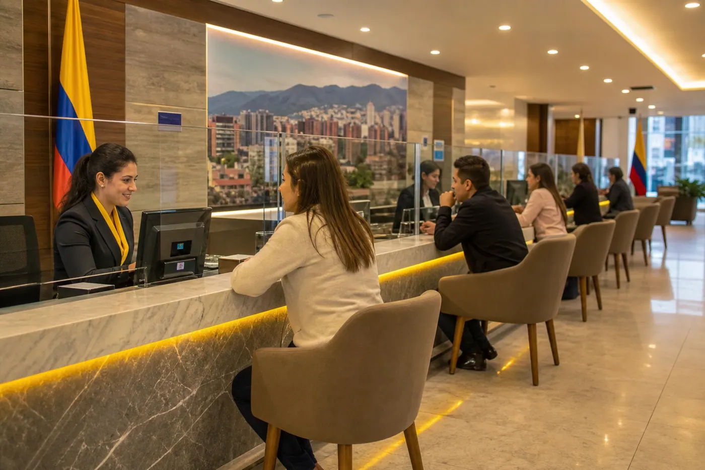 Modern Bancolombia branch interior in Colombia with teller windows and professional banking environment