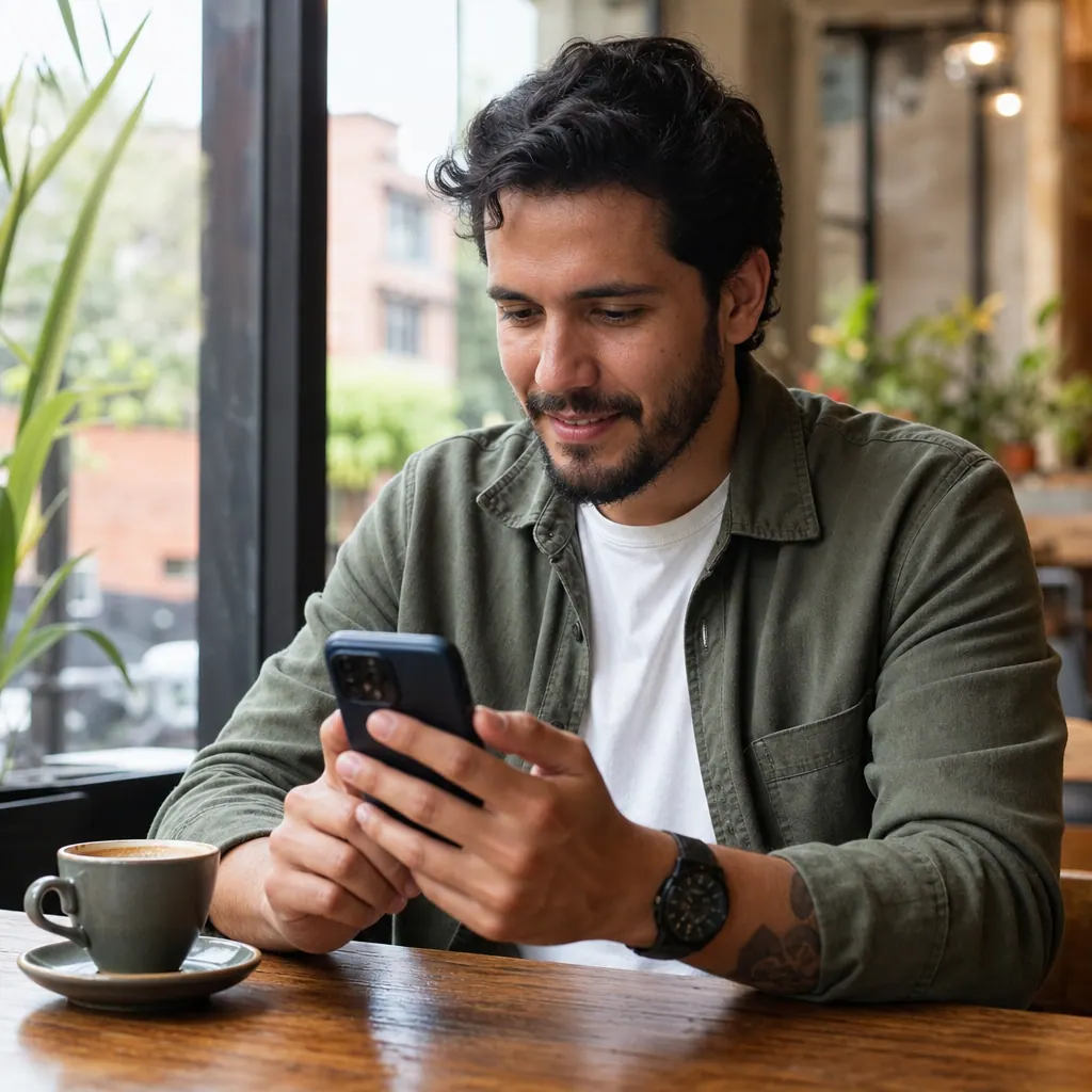 Person using a Colombian banking app on smartphone at a Medellín café