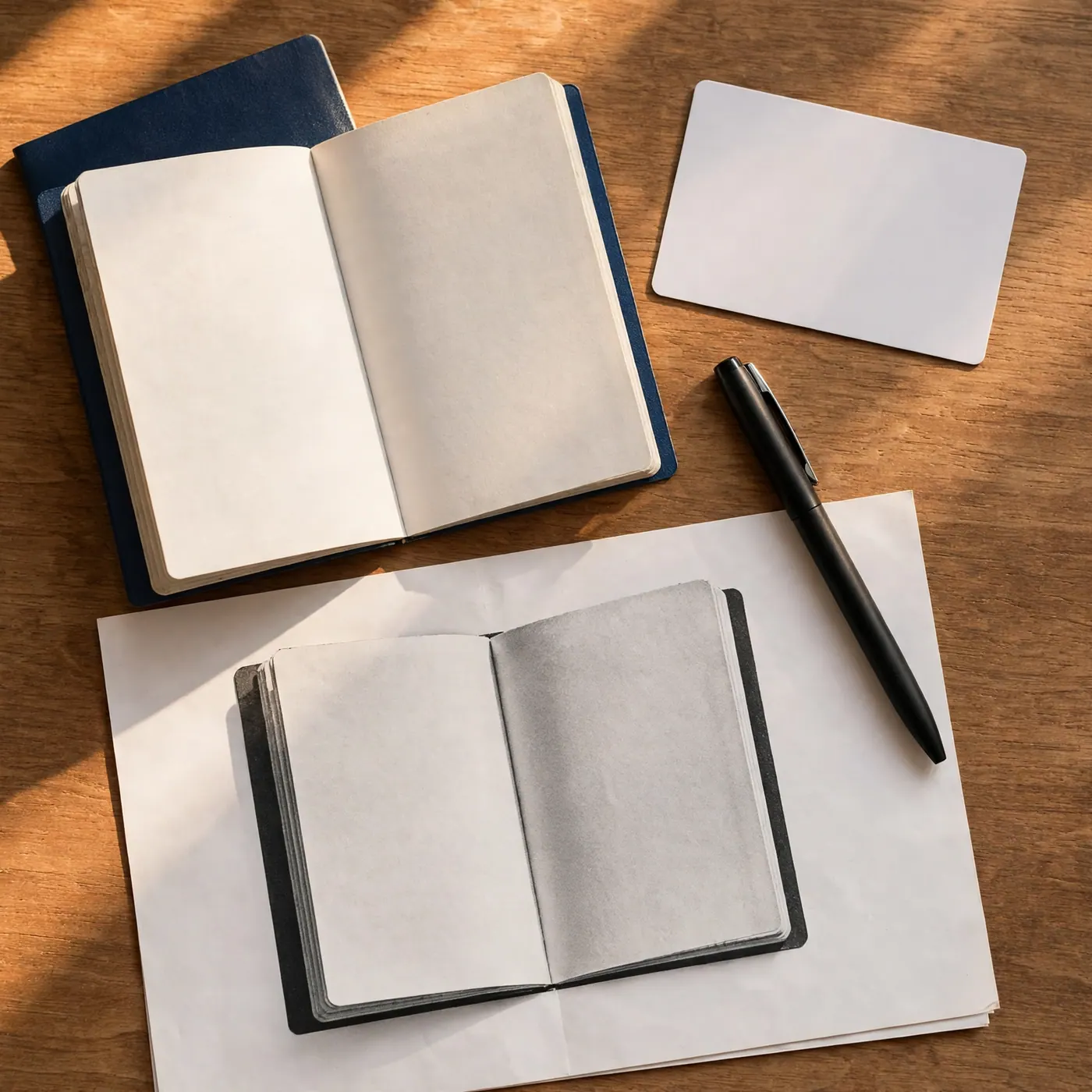 Overhead view of a wooden desk with open blank booklets, a blank card, a pen and a photocopy sheet