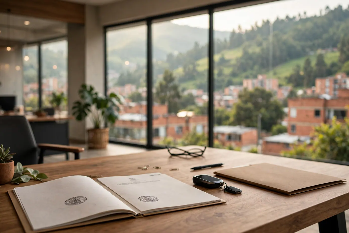 Wooden office desk with stamped Colombian corporate documents, glasses, a security token, and a folder in front of windows overlooking brick buildings and green Andean hills