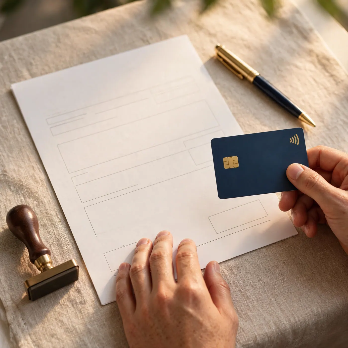 Hands holding a contactless debit card over a blank form beside a brass stamp and a pen on a linen cloth