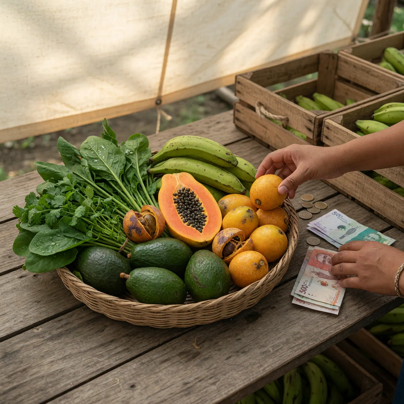 Basket of tropical fruit and leafy vegetables beside cash at a Colombian market stall