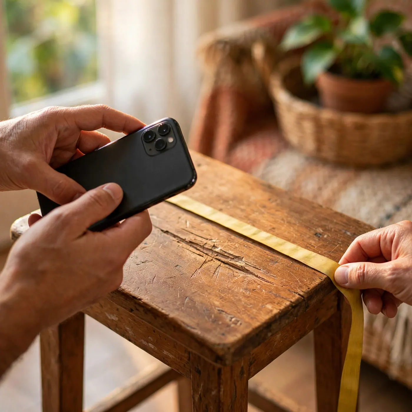 Manos fotografiando un taburete de madera con cinta métrica y un rayón visible