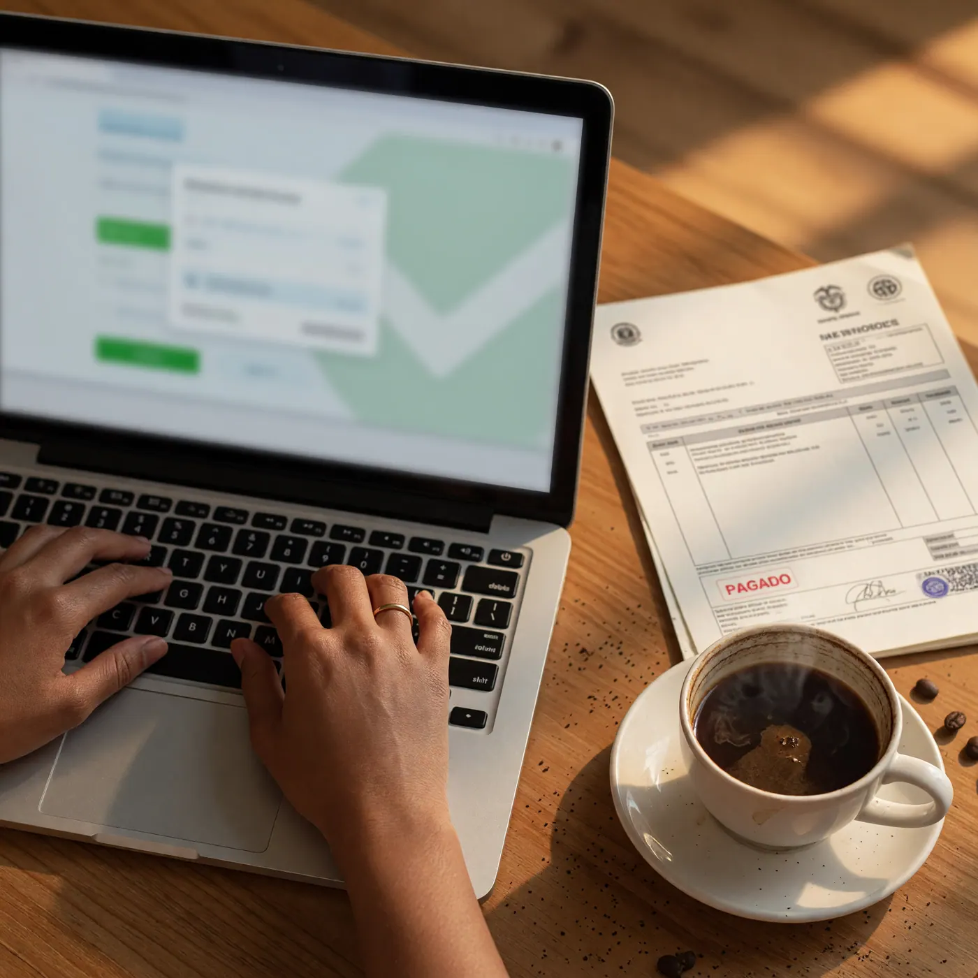 Hands using a laptop beside a customs document and coffee cup
