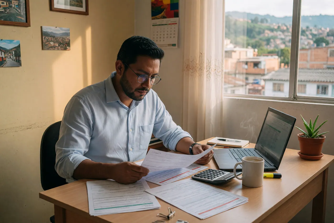 Profesional independiente revisando documentos contables y liquidación de impuestos en su escritorio de trabajo en Colombia