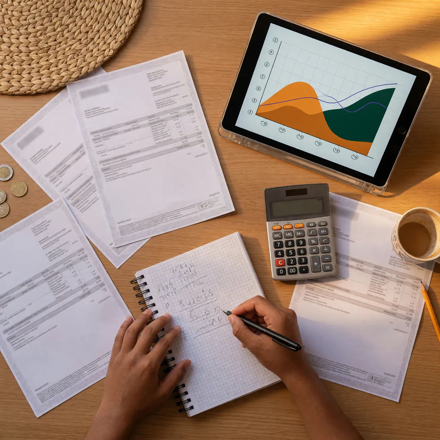 Manos haciendo cálculos en un cuaderno junto a facturas, una calculadora y una tableta con un gráfico financiero