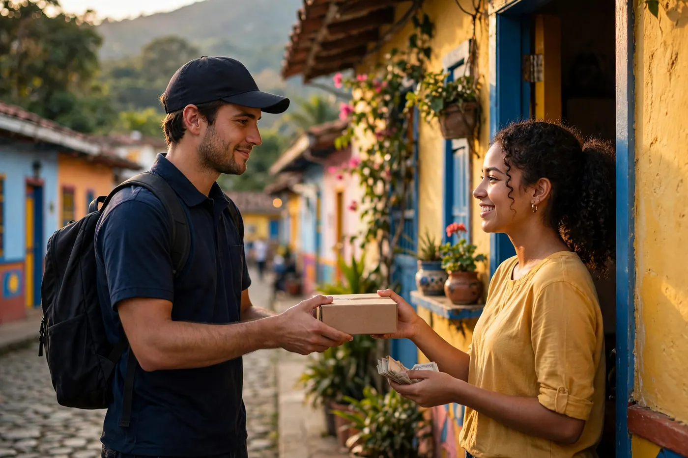 Mensajero entrega una caja de cartón a una joven que paga en efectivo en la puerta de una casa colorida de un pueblo colombiano.