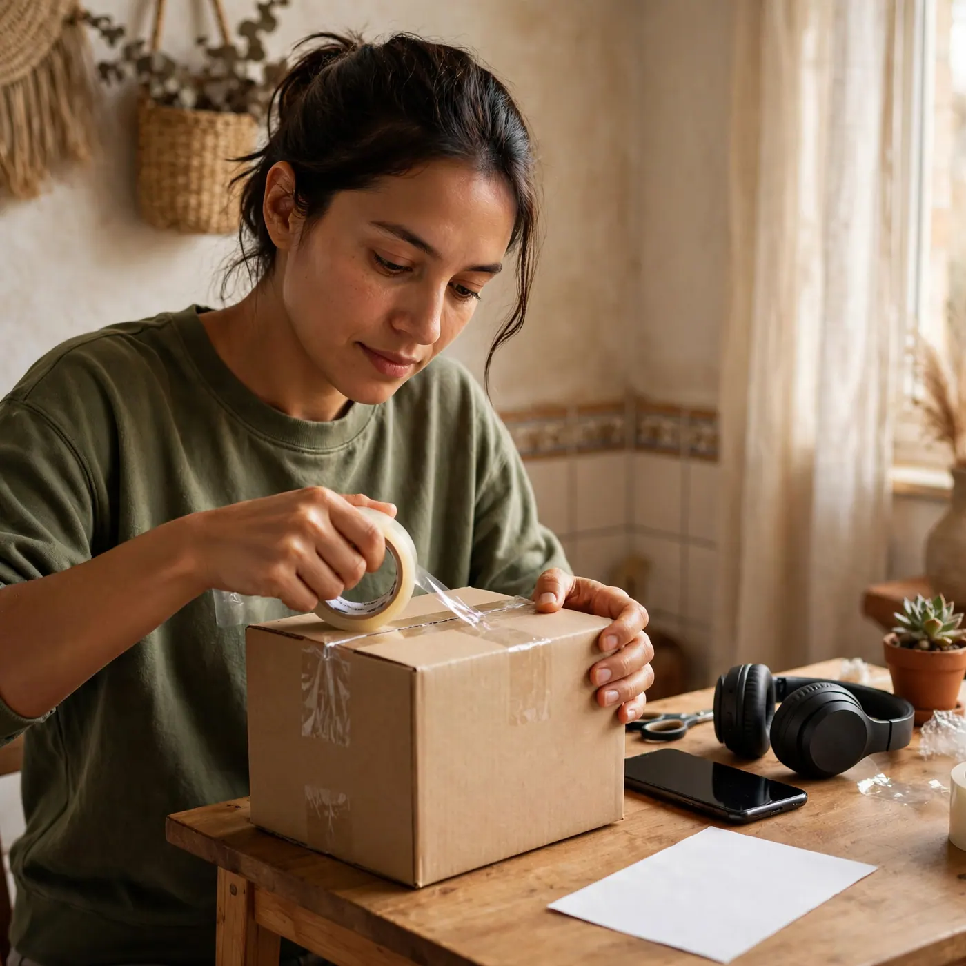 Vendedora sella con cinta una caja de cartón junto a un celular y unos audífonos, lista para enviarla por transportadora.