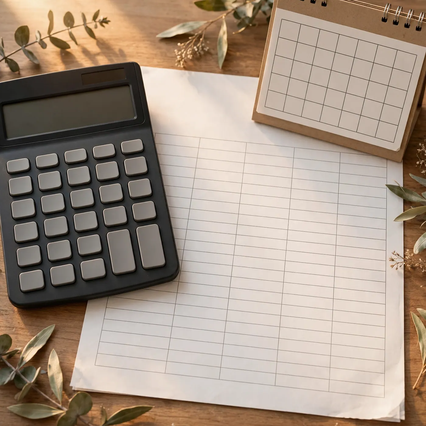 Calculadora y hoja de liquidación con columnas vacías junto a un calendario de mesa