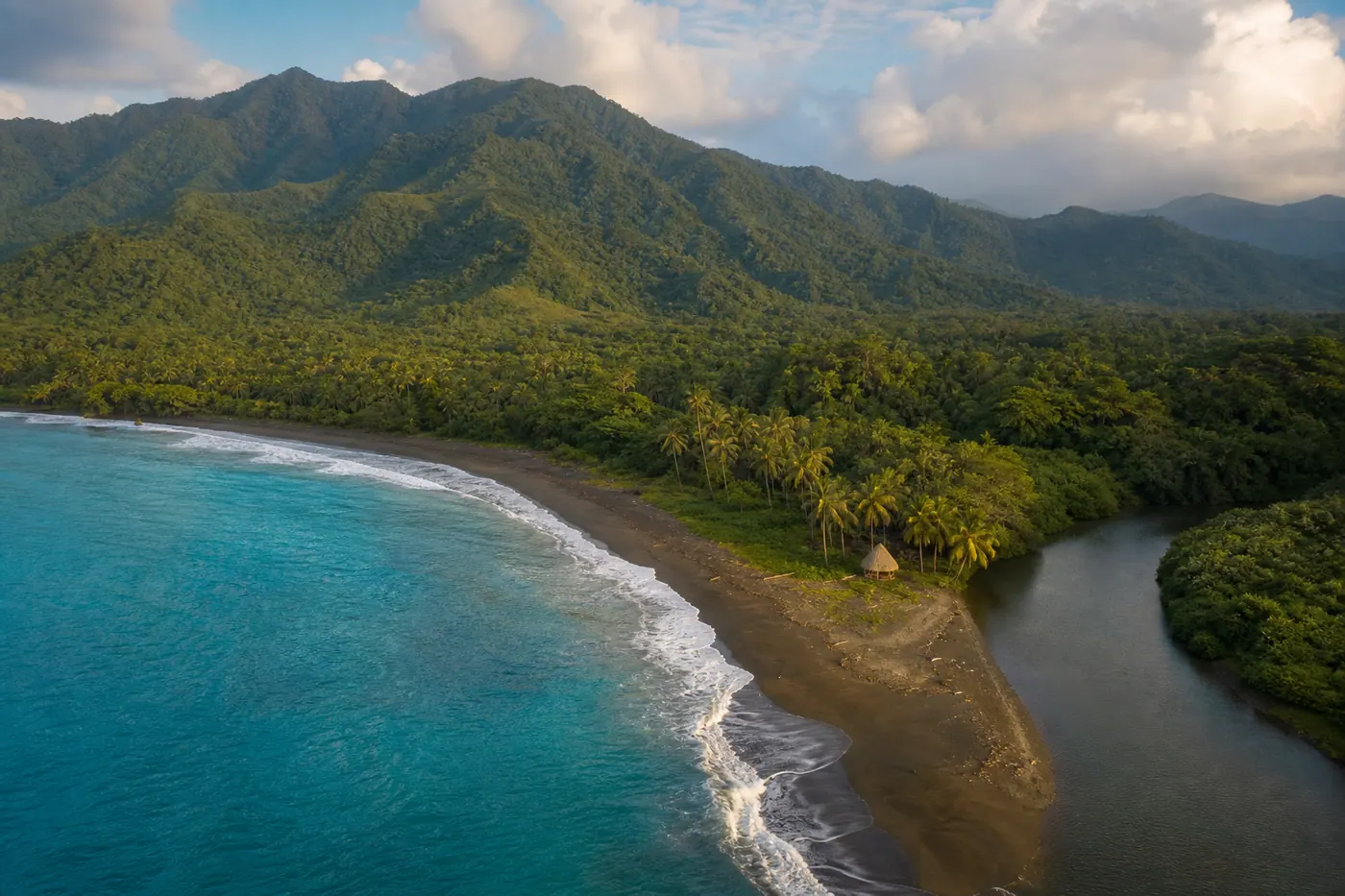 Aerial view of Palomino beach where the Río Palomino meets the Caribbean Sea, with jungle mountains in the background