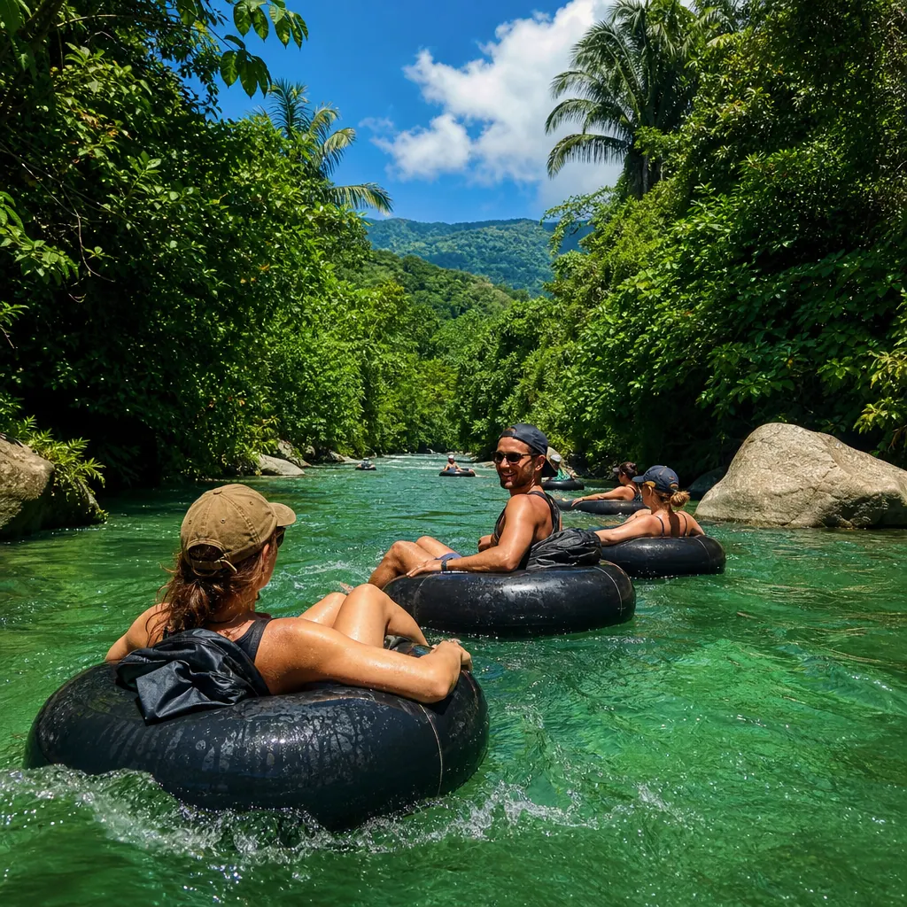 Travelers floating on inner tubes down the Río Palomino river, surrounded by tropical jungle in Colombia