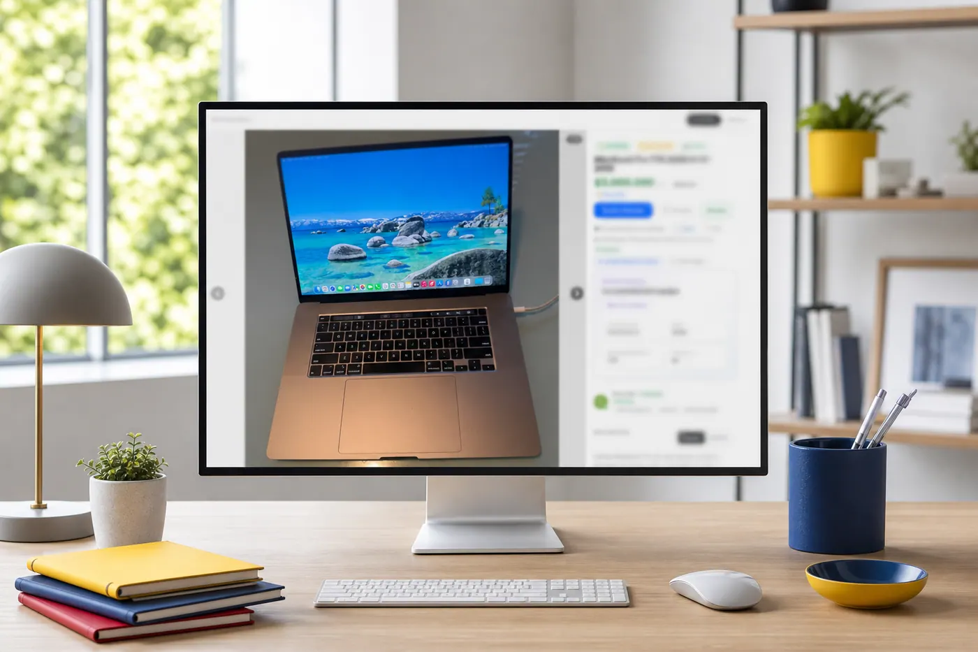 Monitor de escritorio mostrando una foto de producto junto a los detalles del anuncio en Vista Panorama
