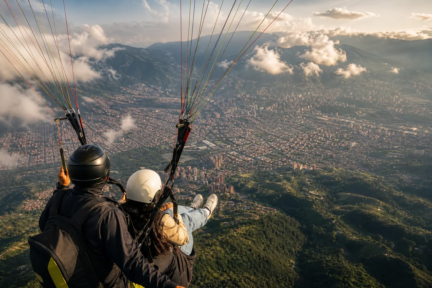 Tandem paraglider soaring above Medellín's Aburrá Valley at golden hour