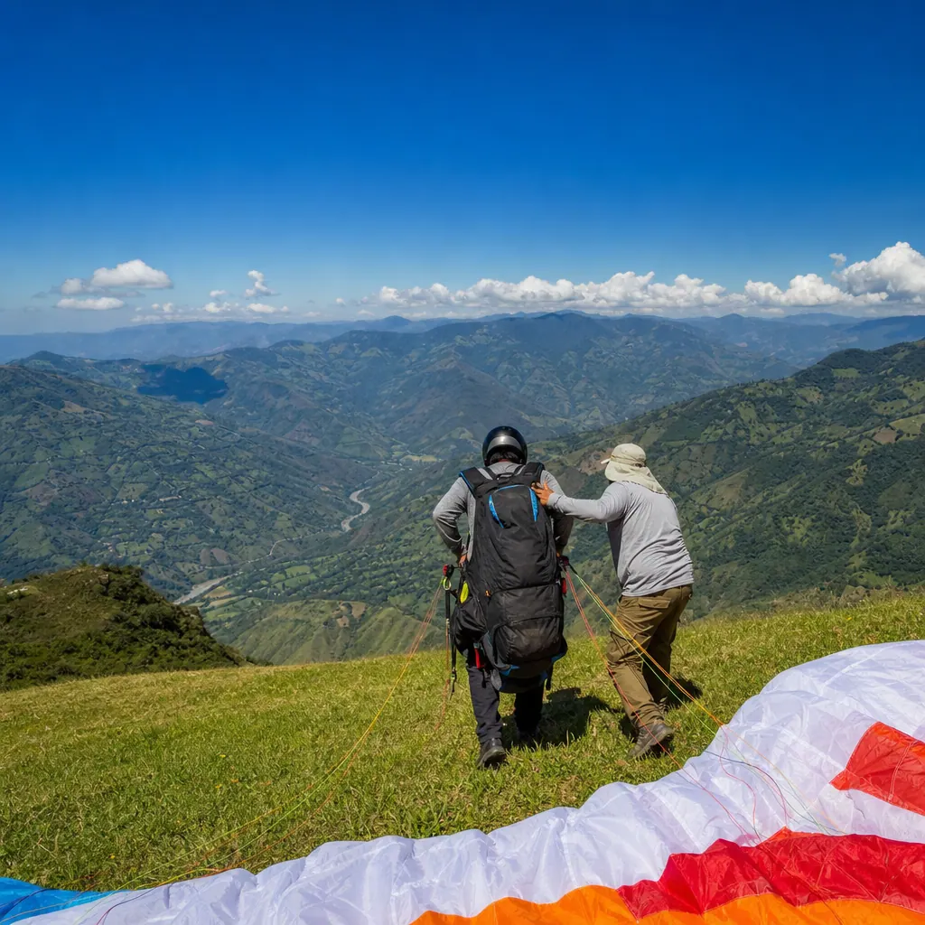 Paraglider launching from a green hillside above a Colombian Andean valley