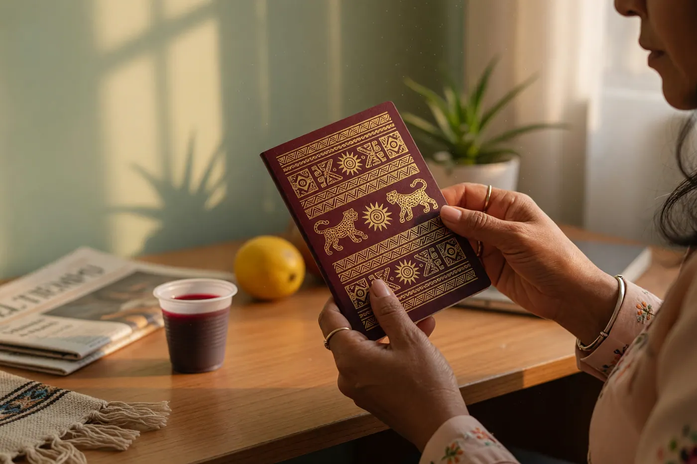 Pasaporte colombiano 2026 con diseño biométrico y patrones precolombinos en oro sobre cubierta azul oscura