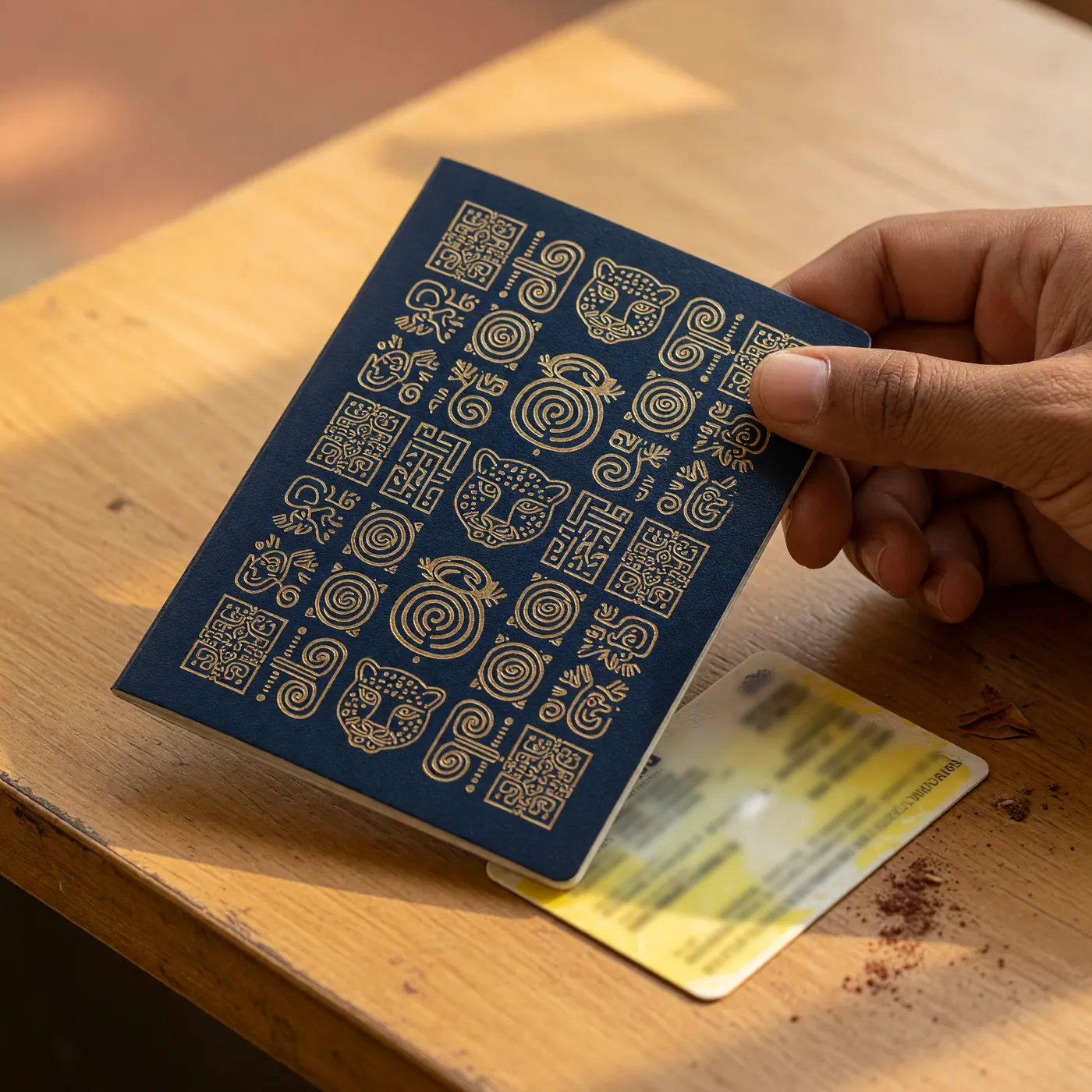 Mano sosteniendo el nuevo pasaporte colombiano 2026 con patrones precolombinos en oro sobre cubierta azul oscura, junto a una cédula de ciudadanía colombiana amarilla sobre mesa de madera