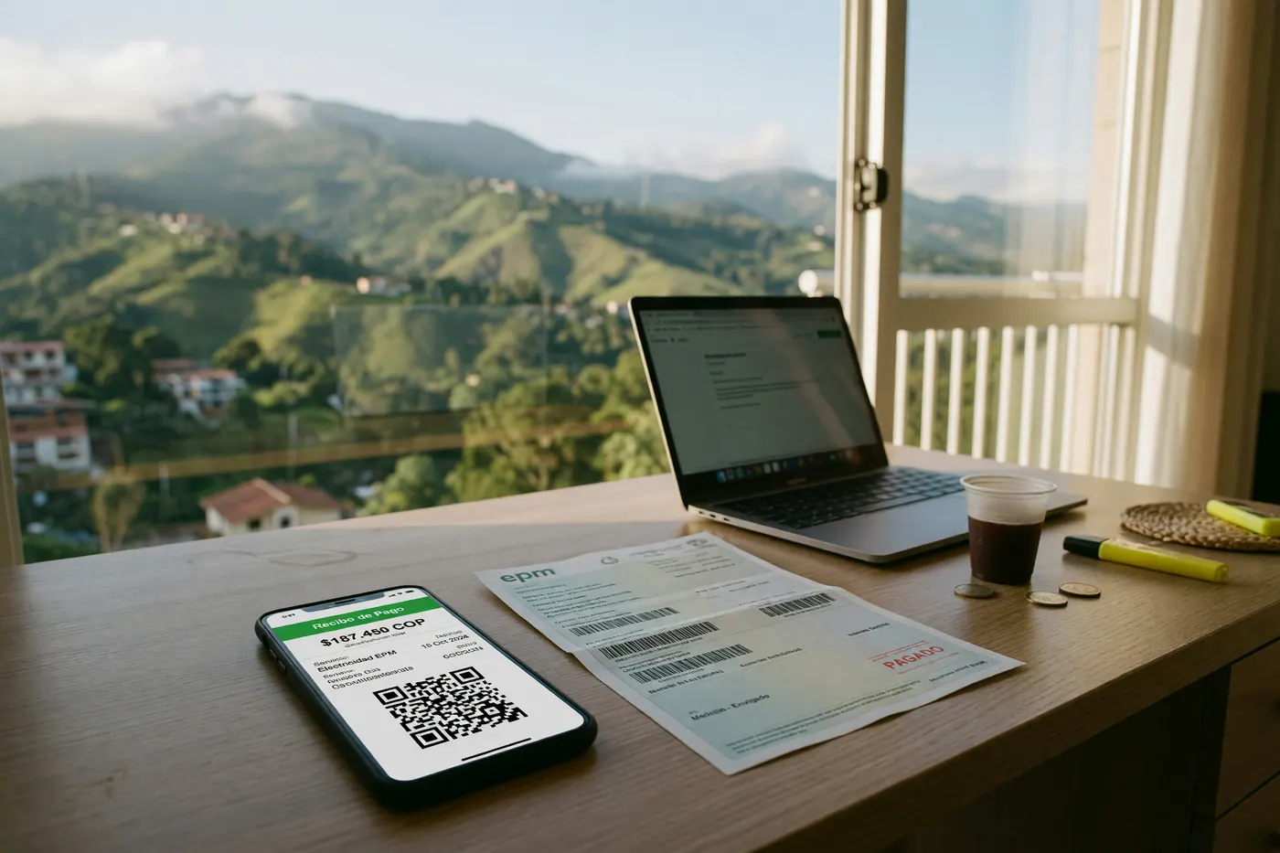 Apartment desk with a smartphone payment receipt, printed Colombian utility bill, laptop, and balcony view of green hills