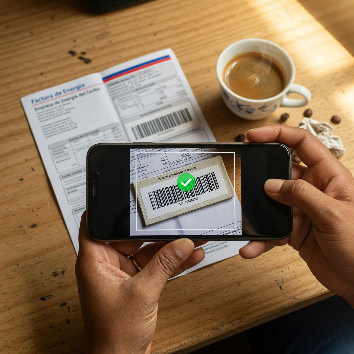 Hands holding a smartphone over a wooden desk, scanning a barcode on a paper utility bill next to a coffee cup