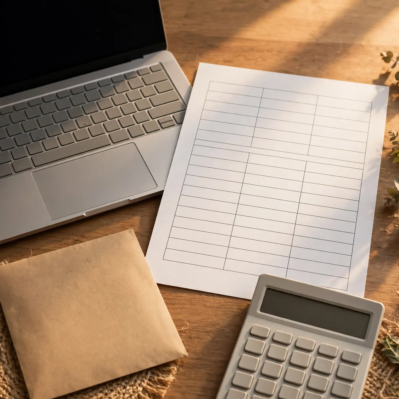 Laptop beside a printed worksheet with blank rows, a calculator and a household bill envelope on a desk