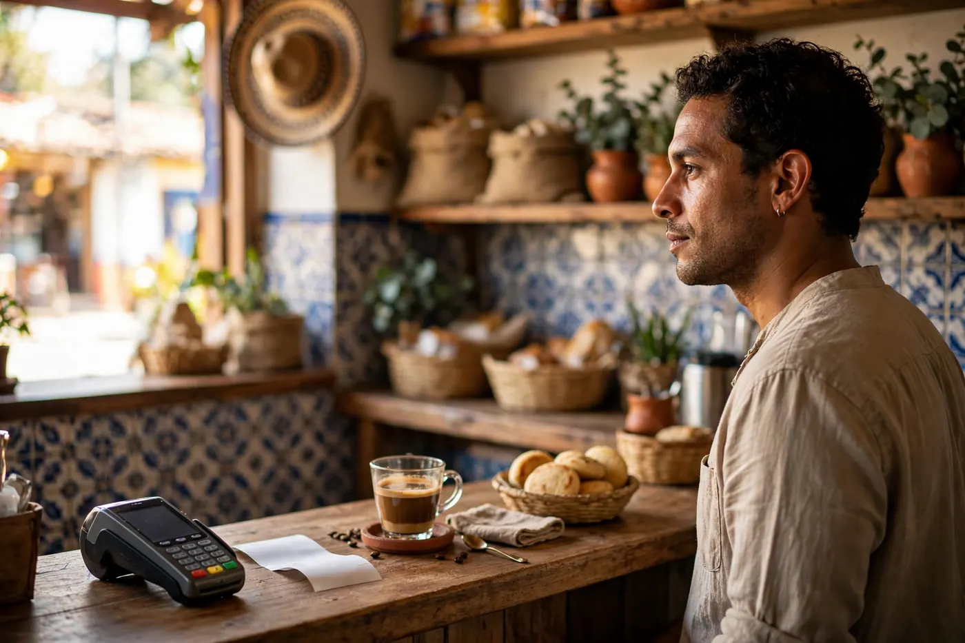 Handheld card terminal angled toward the customer on a small shop counter with a paper receipt and a glass of coffee