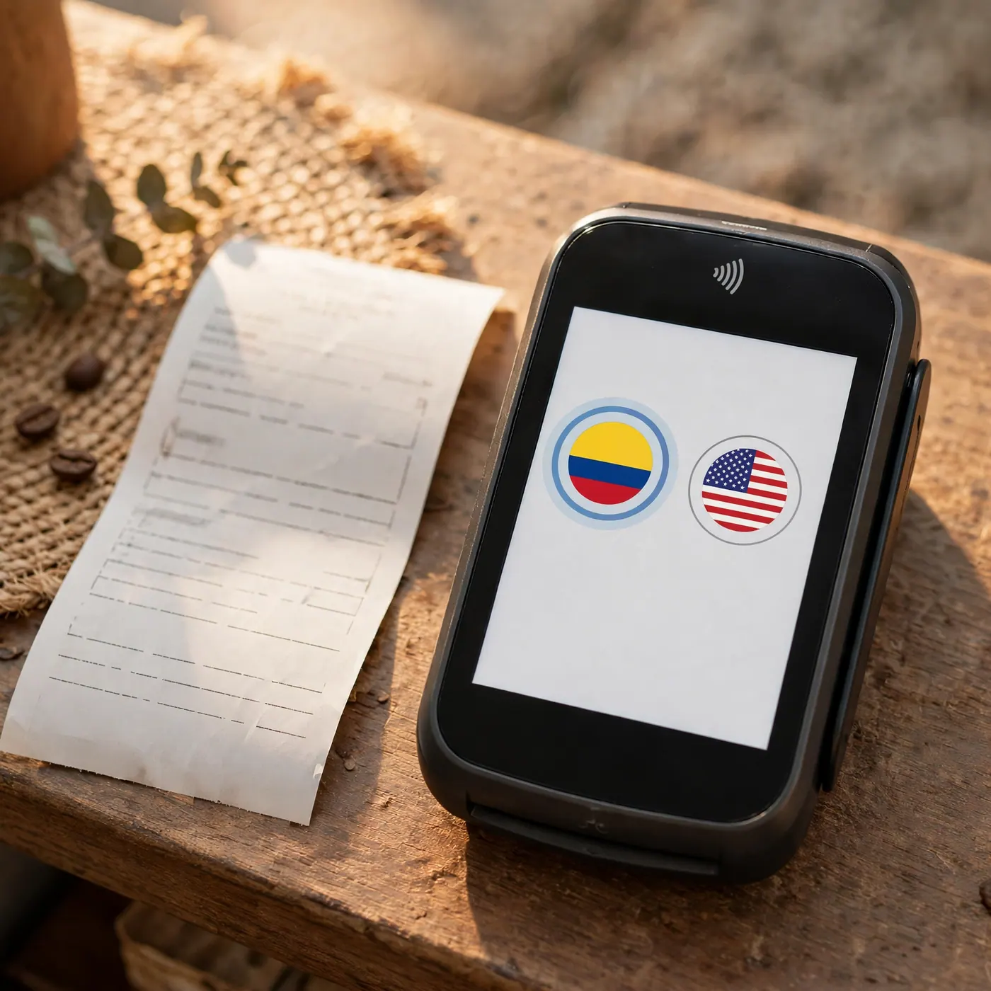 Close view of a payment terminal and a paper receipt resting on a wooden counter at an ordinary shop