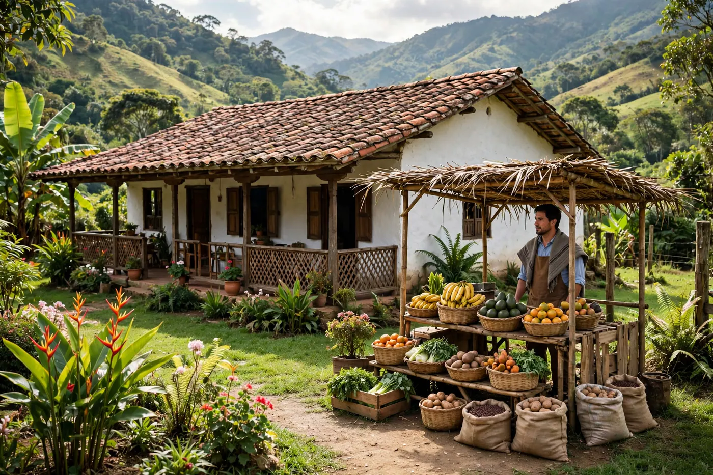 Casa campestre tradicional en zona rural colombiana con amplios jardines y arquitectura típica