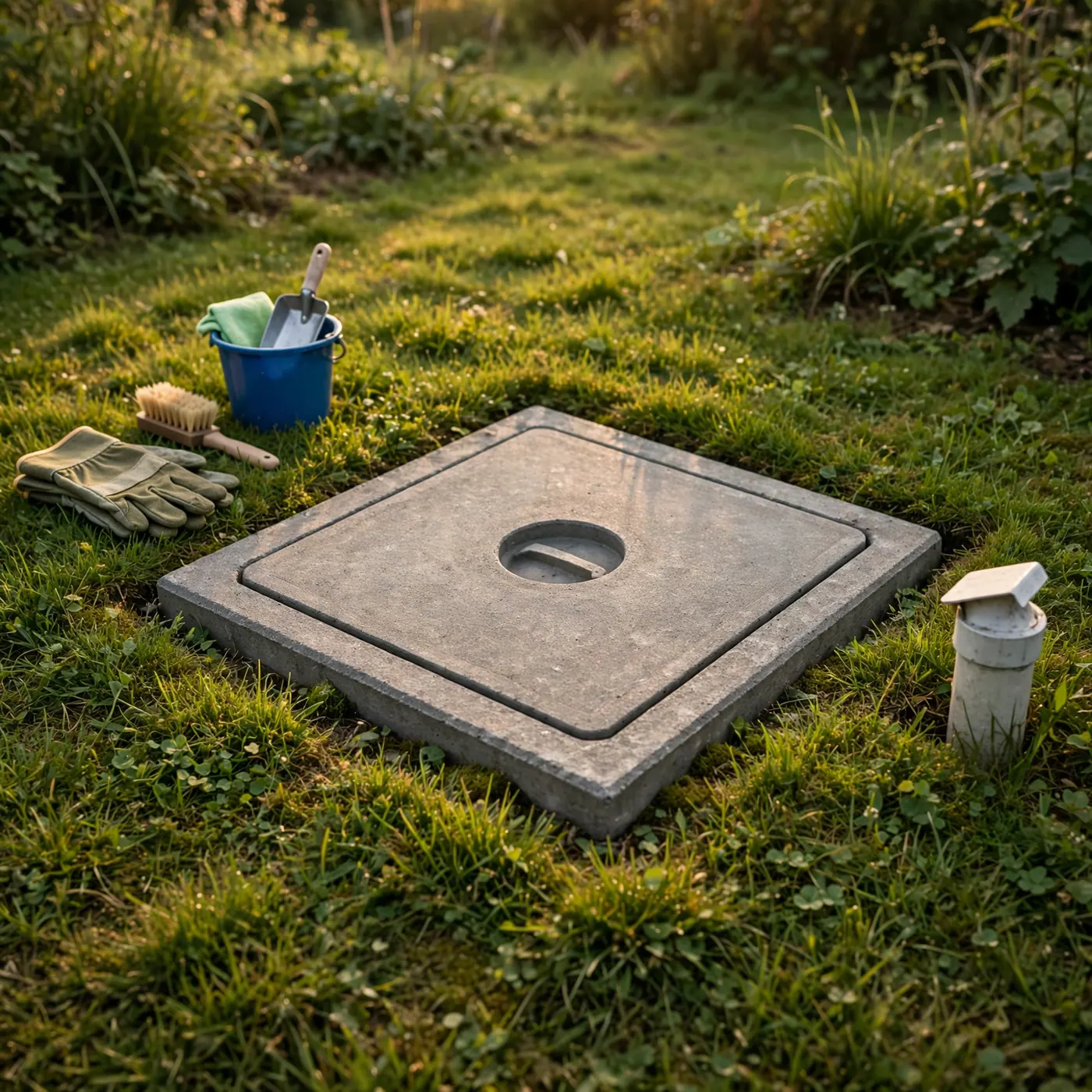 Registro de inspección de concreto de un sistema séptico en el césped de una finca campestre