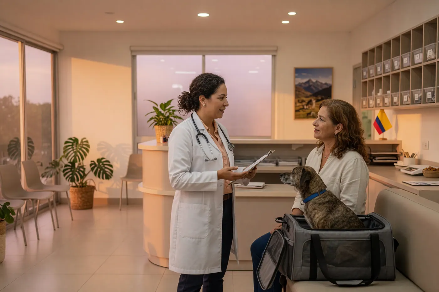 Veterinarian speaking with a pet owner and calm dog in a modern veterinary clinic in Colombia