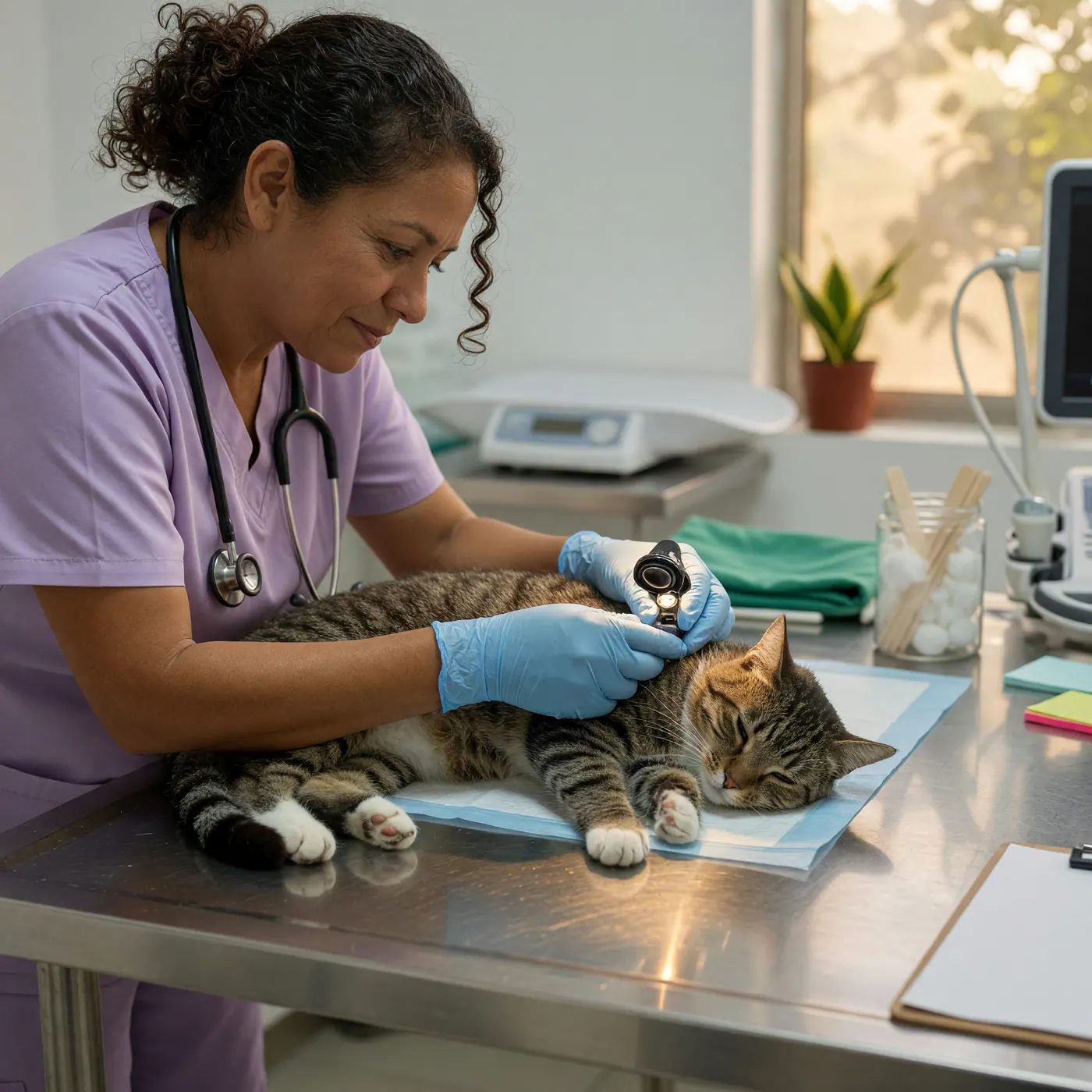Veterinarian examining a cat in a bright modern veterinary clinic in Colombia