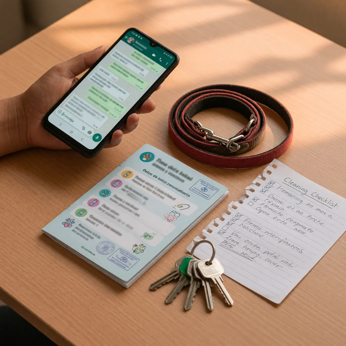 Renter holding a phone with a chat conversation next to a leash, vaccination booklet, keys, and a cleaning checklist on a table