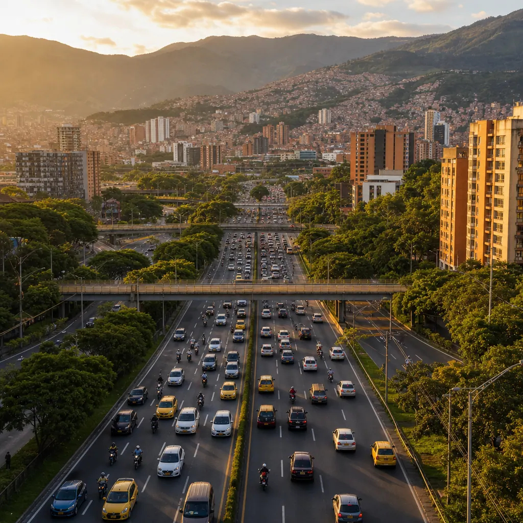 Vista aérea de tráfico en una avenida de Medellín en hora pico con el Valle de Aburrá al fondo