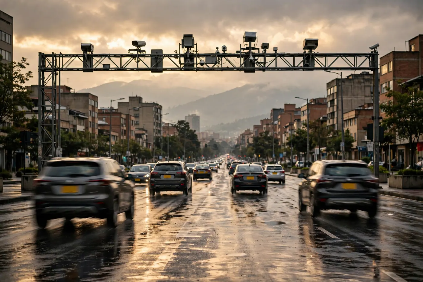 Overhead traffic camera gantry above a wet multi-lane avenue with yellow-plated cars and hazy mountains behind the skyline