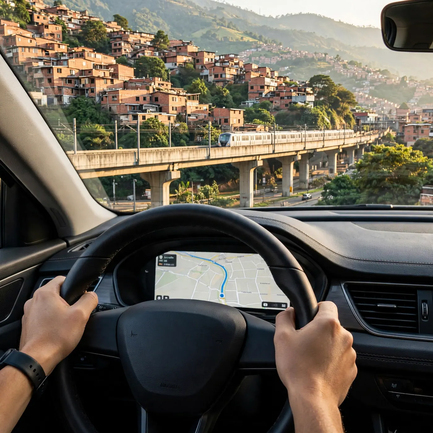 Driver's hands on a steering wheel with a navigation map, looking through the windshield at a metro viaduct and brick hillside houses