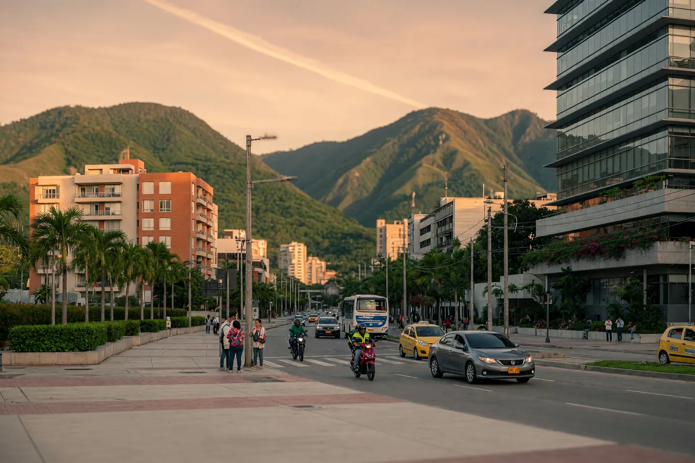 Avenida de una ciudad colombiana con tráfico ligero al atardecer