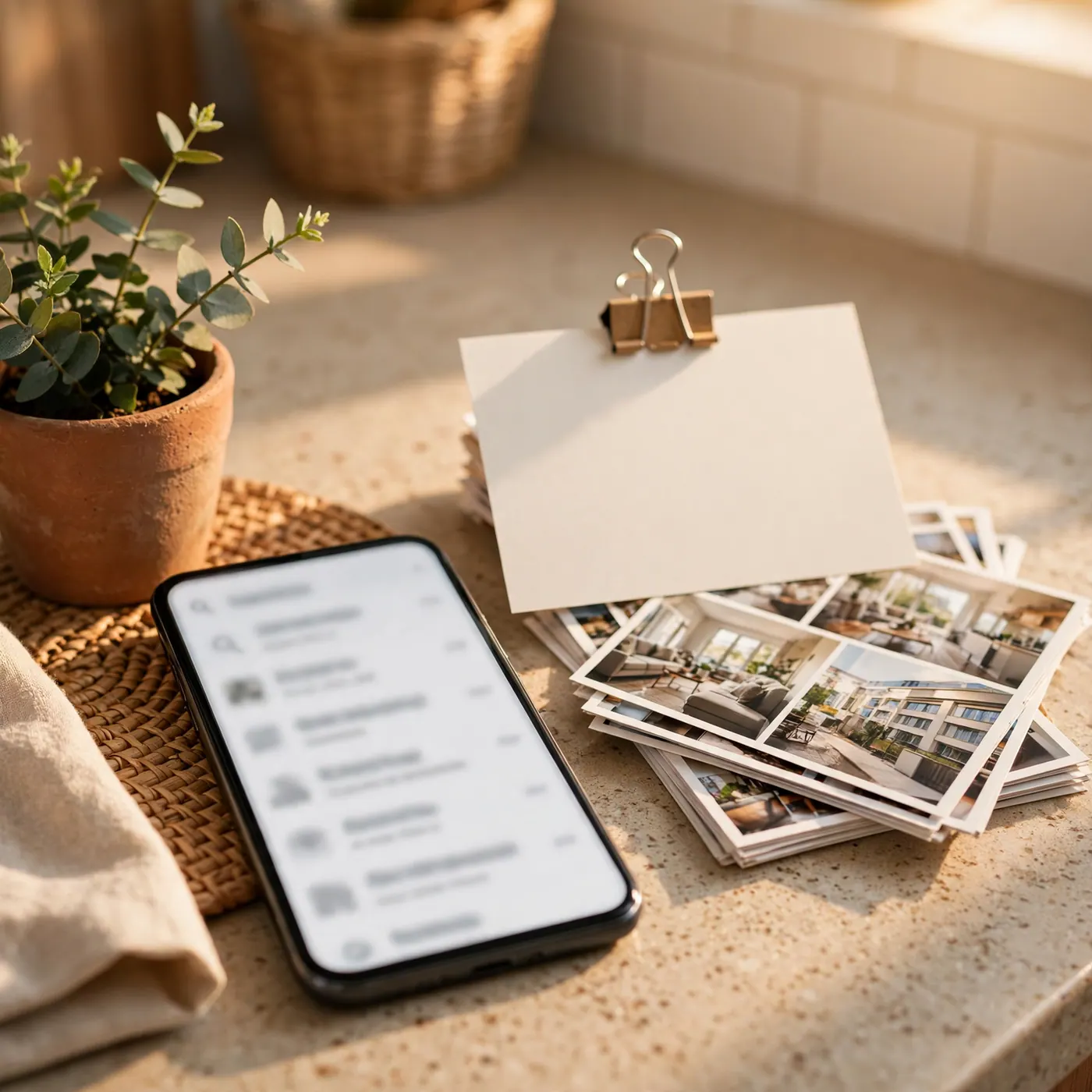 Celular junto a fotos de apartamentos y una ficha en blanco, listos para armar un aviso.