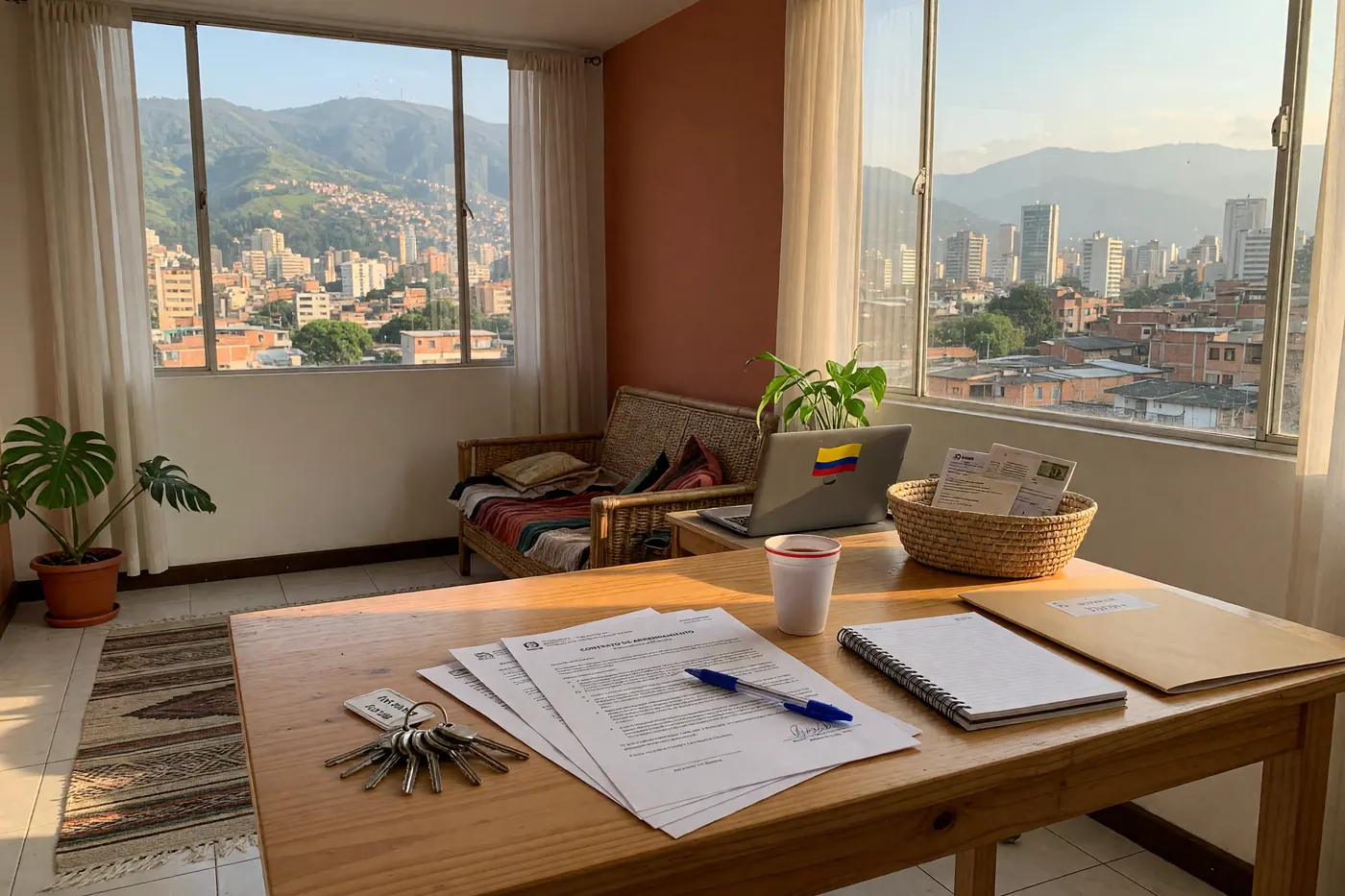 Documentos impresos de contrato de arrendamiento sobre una mesa de madera junto a llaves de apartamento, un bolígrafo y un portátil, con vista de ciudad andina por la ventana