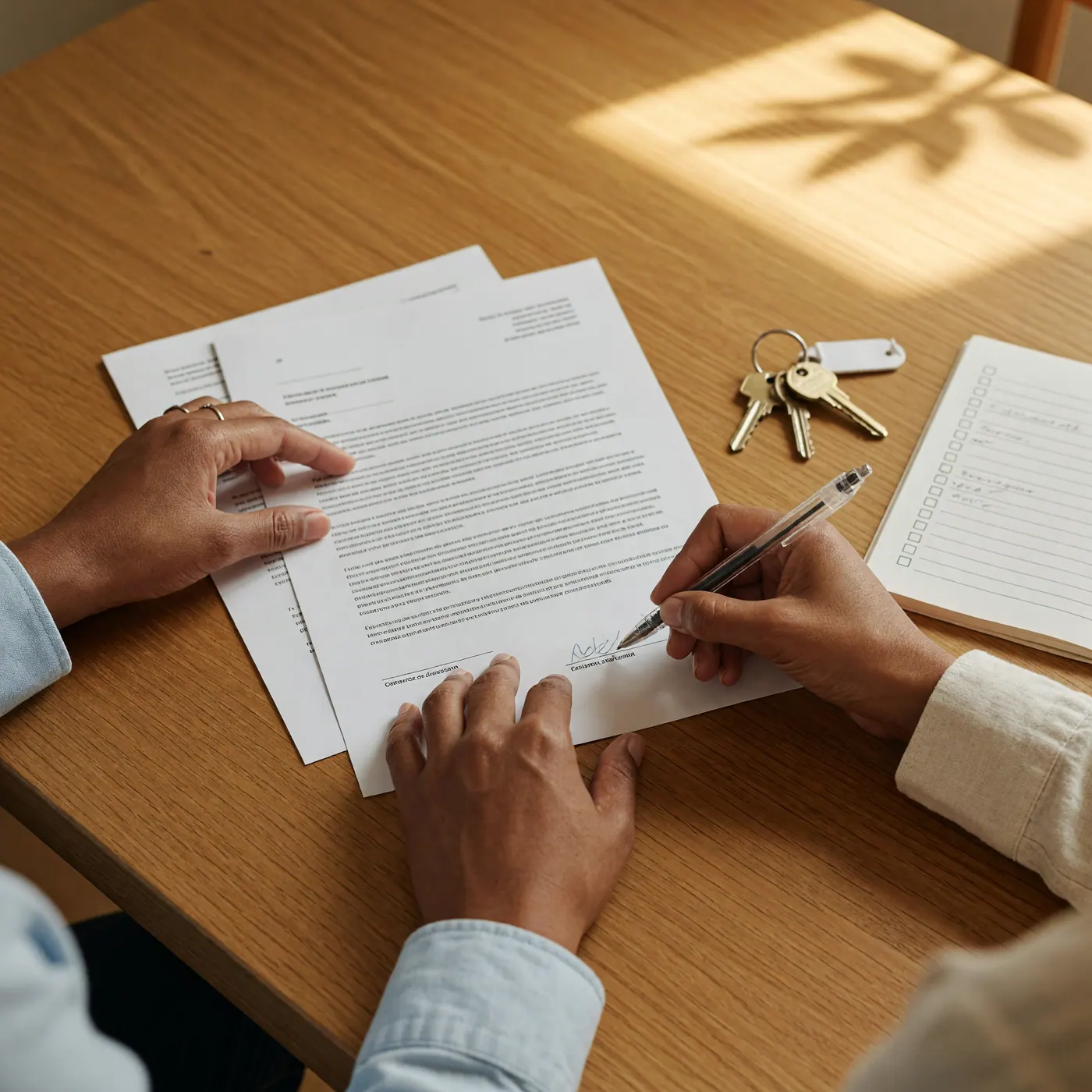 Dos manos firmando un contrato impreso sobre una mesa de madera junto a llaves de apartamento y una lista de inventario